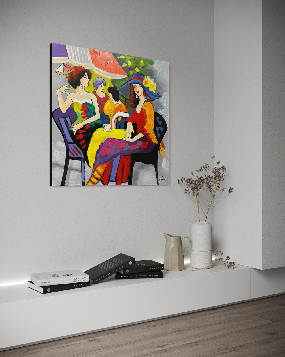 Maalaus naisista keskustelemassa