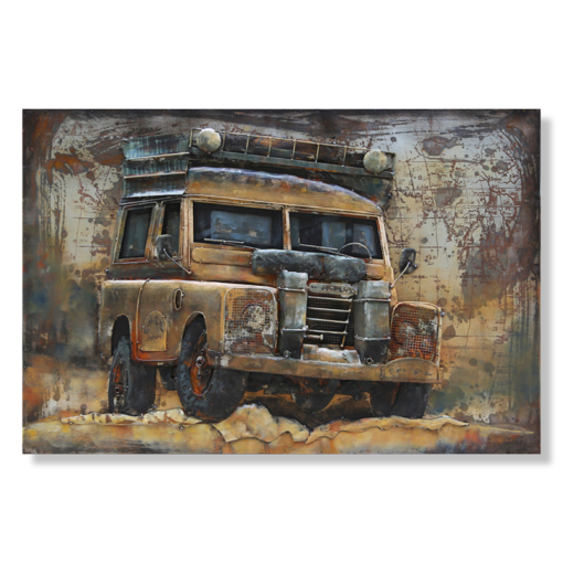 Taideteos Land Rover Defenderillä.