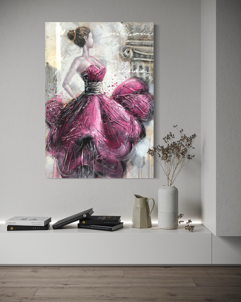 Maalaus naisesta mekossa