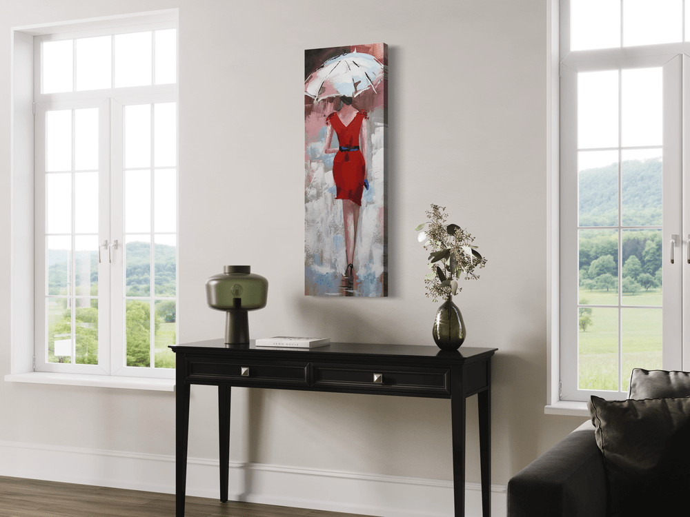 Maalaus naisesta punaisessa mekossa