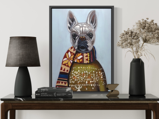 Maalaus ranskalaisen bulldogin kanssa