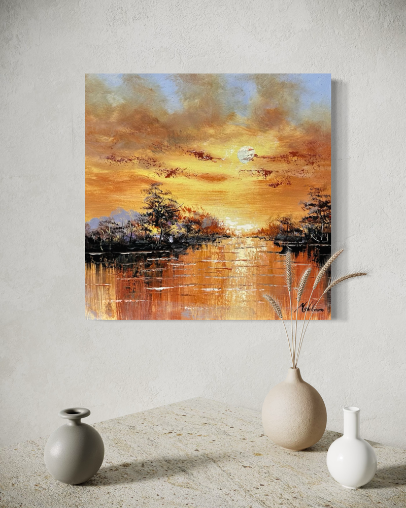 Maalaus auringonlaskulla