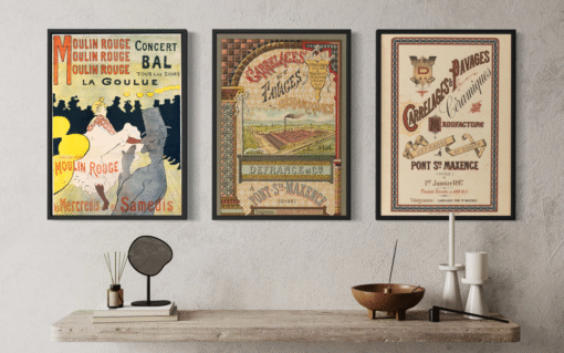 Belle Époque – Canvas Collection: kolme historiallista julistetta mustissa kelluvissa kehyksissä julistetaiteen syntyajoilta