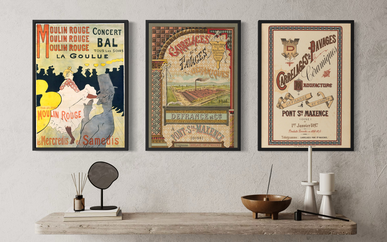 Belle Époque – Canvas Collection: kolme historiallista julistetta mustissa kelluvissa kehyksissä julistetaiteen syntyajoilta