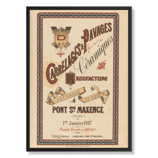 Defrance et Cie – Carrelages & Pavages Céramiques, 50×70 cm, kangas mustissa kelluvissa kehyksissä (Belle Époque – teollinen julistetaide)