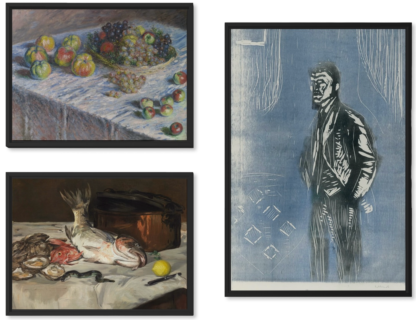 Night, Fruit & Sea: kolme taulua mustissa kelluvakehyksissä keittiöinteriöörissä