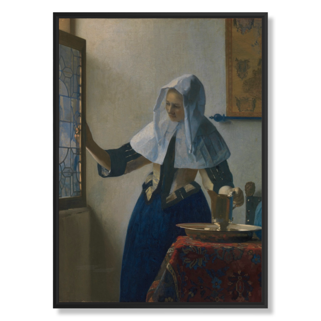 Johannes Vermeer – Young Woman with a Water Pitcher, 50×70 cm, kangas mustassa kelluvakehyksessä
