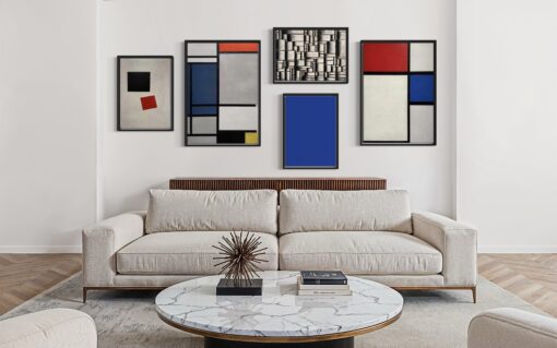 Modernist Graphique – Bauhaus Energy, seinäasettelu mustissa kelluvakehyksissä