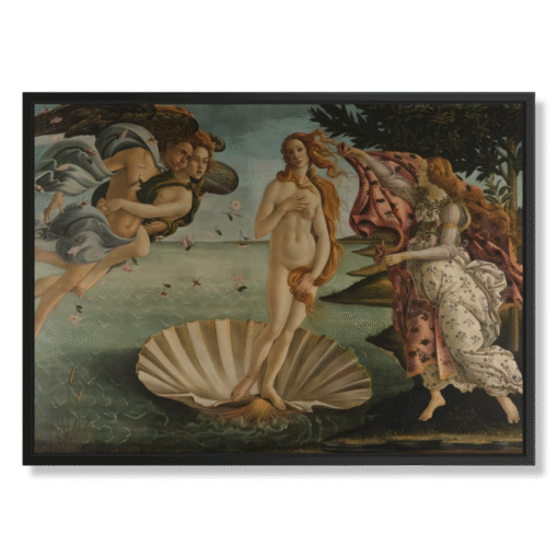 Sandro Botticelli – Nascita di Venere, 100×70 cm, canvas mustissa kelluvissa kehyksissä (Ajattomat Mestarteokset – mytologinen kauneus)