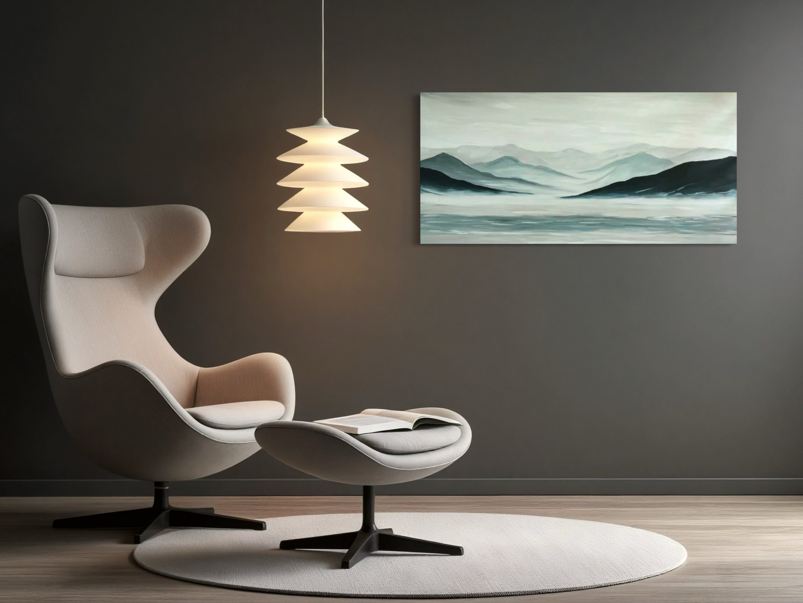 Michelanemon käsinmaalattu taideteos, joka vangitsee pohjoismaisen luonnon ja rauhan – pehmeitä sinisen, harmaan ja valkoisen sävyjä harmonisessa tasapainossa.