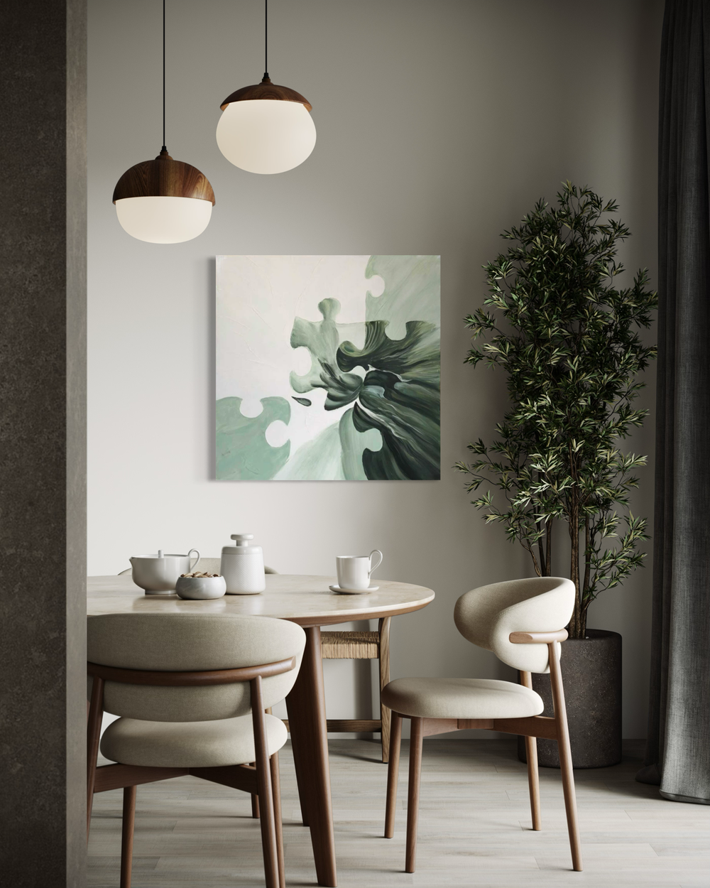 Käsinmaalattu abstrakti maalaus vihreissä ja vaaleissa sävyissä, palapelin kaltaisin muodoin virtaavassa sommittelussa