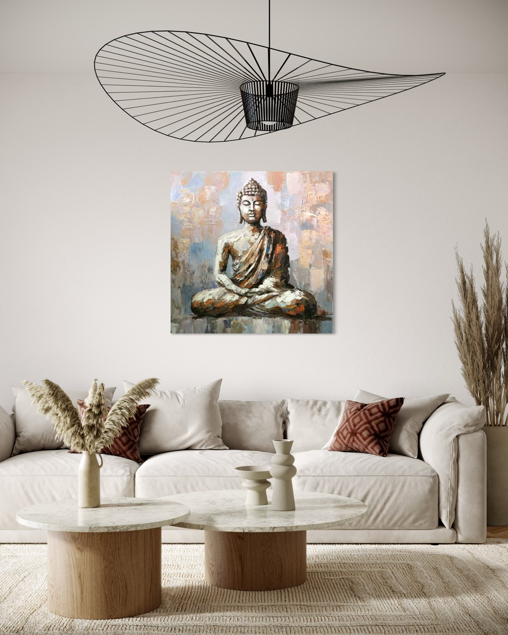 Käsinmaalattu Buddha-maalaus impasto-tekniikalla – maanläheisiä sävyjä, rauhan ja tasapainon symboli.